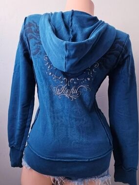 2000s y2k Sinful by Affliction teal sweater Small